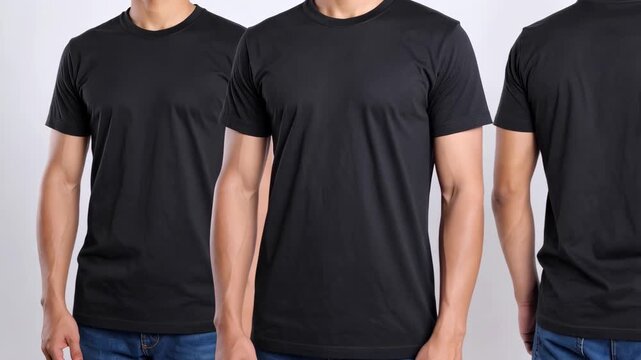 Trio of men displaying a blank, short-sleeved, black t-shirt in front and back views, useful as mock-up apparel templates.