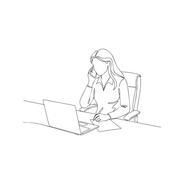 One continuous line drawing of a business woman multitasking at a desk. Female employee talking on a mobile phone and writing notes while working on a laptop computer. Minimalist vector illustration.
