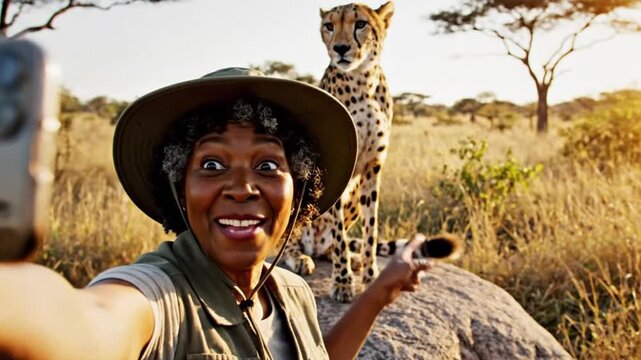 A happy and surprised mature adult woman on an adventurous safari captures a memorable moment, taking a thrilling point-of-view selfie or video with her mobile phone. She is wearing classic explorer a