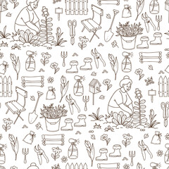 Obraz premium Rustic Seamless Pattern with Women Gardener and and Garden Decor. Outline Hand Drawn Female Character with Birdhouse, Fence and Tools on White Background. Vector Illustration. Not AI