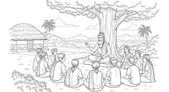Traditional Gurukul Education Line Drawing Guru Teaching Students Outdoors Ancient Indian Learning System