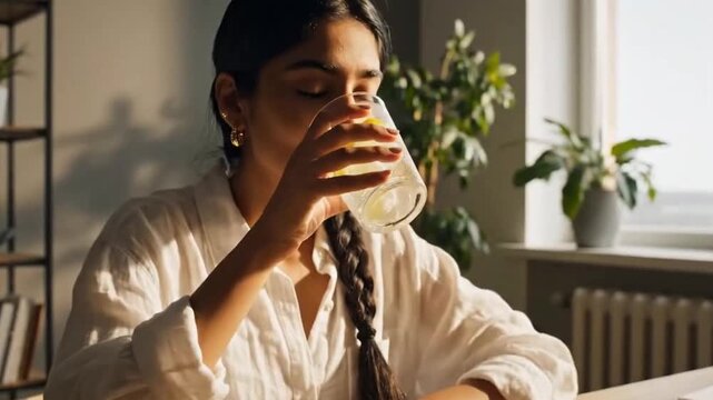 Healthy lifestyle concept a serene young adult hydrating with a cool glass of lemon-infused water in the comfort of her sunlit home, promoting wellness and daily self-care