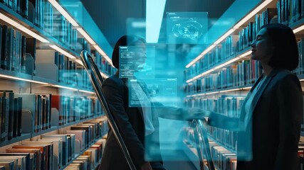 Woman climbs ladder in library. She inspects bookshelf and book. Hologram appears near ladder. Futuristic overlay highlights research. Student studies information. Technology interface floats nearby. - Powered by Adobe