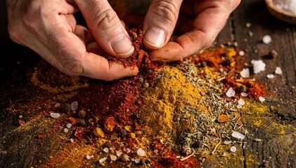 Closeup of hands expertly blending colorful dry spices to create a rich aromatic seasoning rub for grilling and roasting meats.
