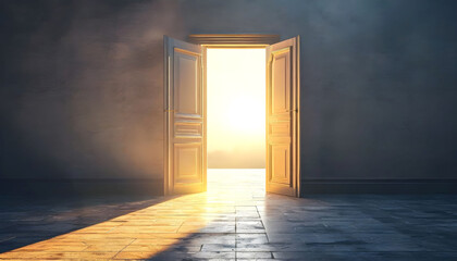 Open Door with Bright Light Symbolizing New Beginning and Opportunity