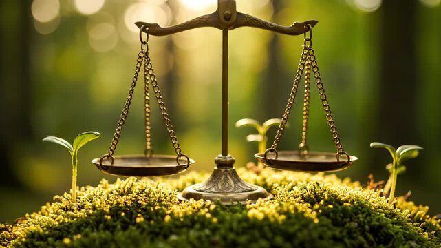 Golden scales balanced on moss with small plants in a lush forest. Symbolizing nature's equilibrium and environmental responsibility.