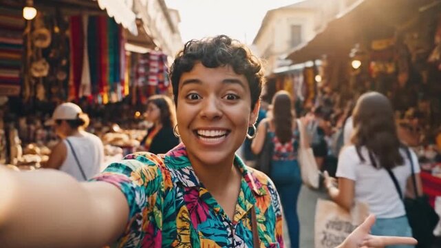A joyful and surprised young person with a lively expression actively captures a moment while exploring a bustling outdoor market. The vibrant background showcases colorful textiles and merchandise fr