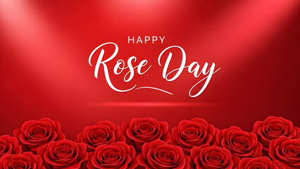 Celebrating happy rose day with elegant white script text overlaying a vibrant red background adorned with a row of deep red roses along the bottom border.