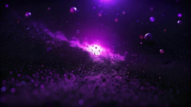 Dark cosmic space with bright purple nebula and floating particles, creating an abstract background for future technology concept and universe mystery