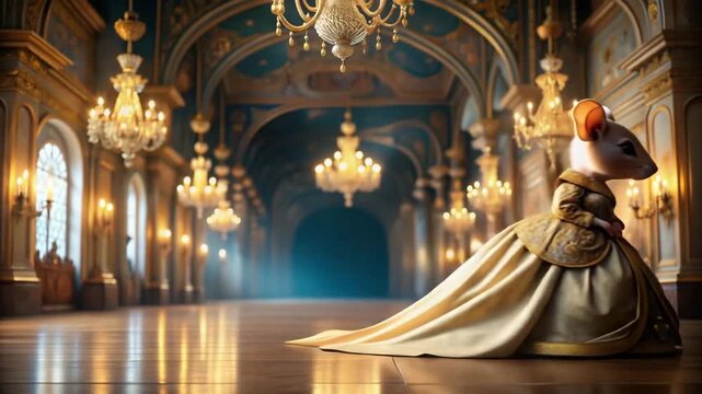Elegant white mouse in a lavish golden gown posing in a grand, chandelier-lit ballroom for a fairy tale fantasy concept and opulent dream