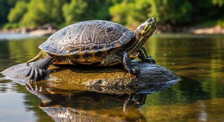Obraz premium Turtle basking on rock in serene lake with green trees