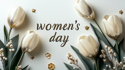 Women's Day background with tulips and flowers. Women's Day card design. Tulips background. Bouquet of flowers with tulips background.