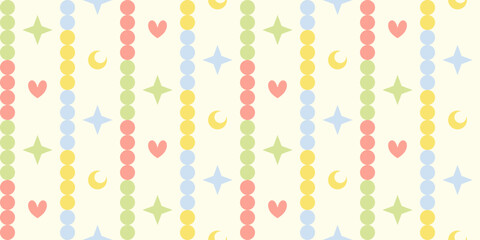 Vibrant rainbow vertical pattern featuring hearts, stars, moons, and bubble stripes.