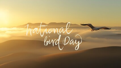 A serene landscape of rolling hills and mountains at sunrise with a bird in flight