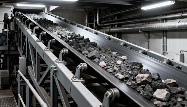 Medium shot of mining conveyor belt system transporting raw materials highlighting belt width and durable frame structure in industrial setting.