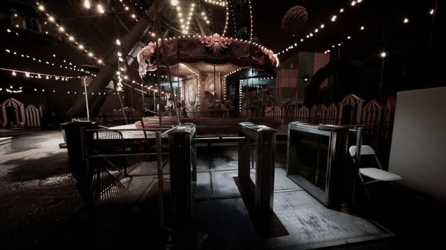 An empty amusement park sits under a starry sky, featuring a carousel adorned with lights. The pathways are deserted, creating an eerie yet enchanting atmosphere.