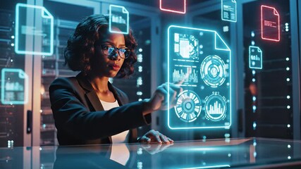 Woman analyzes holographic data charts using smartwatch in office. Businesswoman reviews digital dashboard display. Woman interacts with data interface. Professional uses holographic analytics. - Powered by Adobe