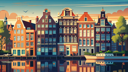 Obraz premium Very beautiful view of historic houses lining the Amstel River canal in Amsterdam, reflecting classic Dutch architecture, calm water, and timeless charm within the heart of the Netherlands capital. 