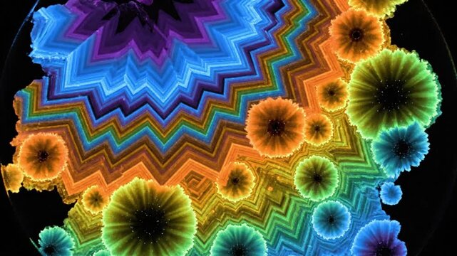 A mesmerizing abstract pattern unfolds with vibrant, iridescent colors against a dark background. Dynamic zigzagging crystalline structures blend into fluid, organic, flower-like forms, creating a cap