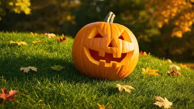 A vibrant orange pumpkin with exaggerated carved features comically rolling and bouncing down a gentle grassy hill in slow motion spooky, nature, features