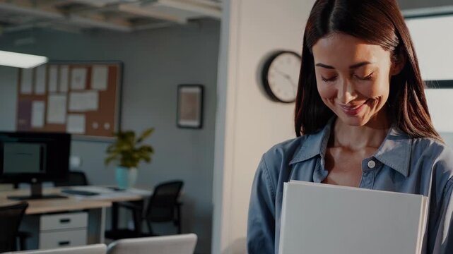 Woman holds documents in office modern desk setup. Business interior with natural light. Workday routine in focus. Professional look. Office scene. Woman, job, work, business, modern, professional