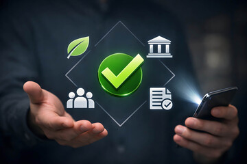 Hands holding phone with digital approval and eco-friendly icons