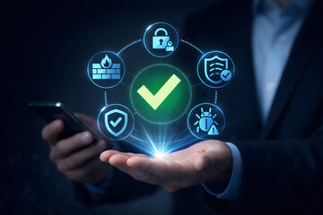 Person with phone displaying digital security and approval icons