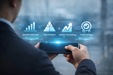 Person using smartphone to view holographic business analysis and decision icons