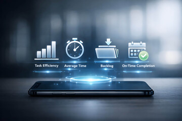 Smartphone displaying holographic business metrics and icons