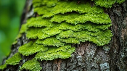 Close-up of vibrant green moss on tree bark