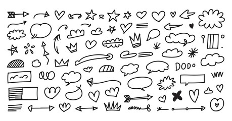 Set of hand drawn doodle elements arrows, hearts, stars, and speech bubbles, sketch markers
