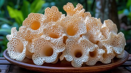 Cluster of light beige fungi on a brown plate