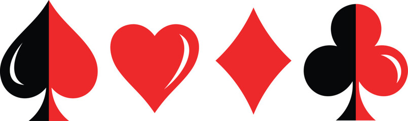 Four playing card suits spade heart diamond club in red and black