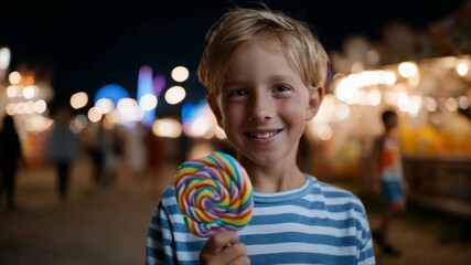 Joyful boy holding colorful lollipop at night amusement park vibrant lights