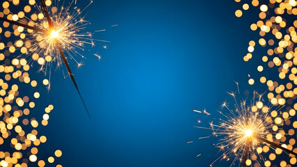 Vibrant sparklers shining bright on dark blue background with golden bokeh lights