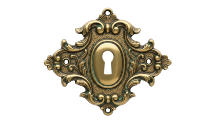 Ornate antique brass keyhole escutcheon with decorative filigree and patina lock plate