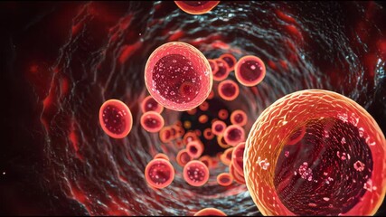 Microscopic view of red blood cells flowing through a blood vessel with a textured inner wall