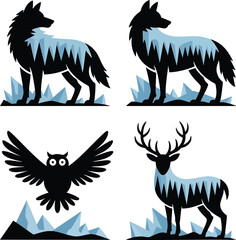 Fototapeta premium Stylized wildlife designs featuring a wolf owl deer and mountainous terrain