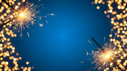 Vibrant sparklers and golden lights on dark blue background for celebrations