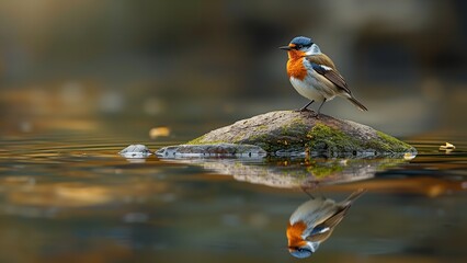 A small bird perched on a rock in calm water with a blurred background