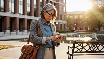 Woman uses tablet on campus during sunset. Student holds tablet near university building. Professional woman with tablet outdoors. Student works on campus with digital tablet. Sunset at university. - Powered by Adobe