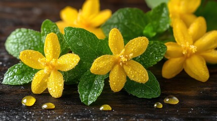 Delicate yellow flowers with dew drops on dark wood