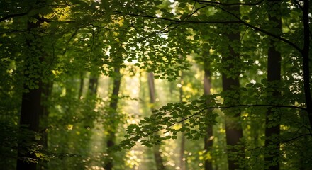A serene view of sunlight streaming through the lush green foliage of a tranquil forest