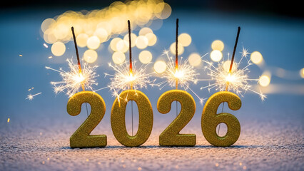 Golden 2026 sparkler celebration with glittery numbers and bright sparks