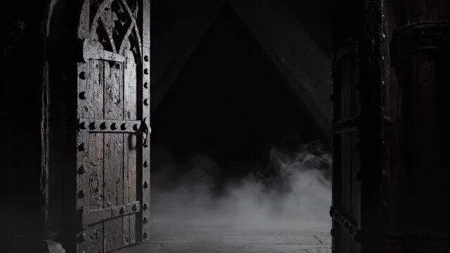 Ancient gothic wooden door slowly creaking open in a dimly lit, fog-filled hall revealing an ominous, dark space with a strong paranormal aura building, mystery, creepy