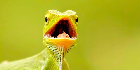 Green Lizard Close Up with Open Mouth, Macro Wildlife Photography