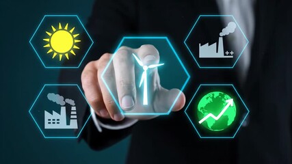 Hand interacting with wind turbine among energy icons. Shows power generation, clean tech on a blue background. The image has defect. - Powered by Adobe