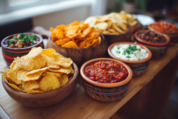 Art collage of assorted chips and dips for home gathering including various salsas and toppings for sharing with friends