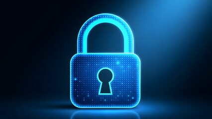 A blue digital padlock with a glowing outline and keyhole on a dark background