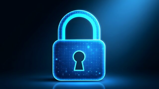 A blue digital padlock with a glowing outline and keyhole on a dark background - Powered by Adobe